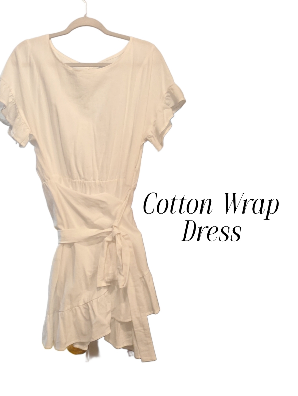 WHITE Cotton Wrap Dress - Stretch Waist Flutter Sleeves And Ruffled Hem. Xl. - Picture 2 of 6